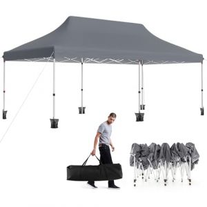 GOPLUS 3x6M Tonnelle Jardin Pliable, Hauteur Réglable, Entrées Zippées, Fenêtres, Sac de Transport, Sac Lesté Pavillon Portable Instantanée Pop-Up pour Fête,Mariage(3x6M-Pliable,Gris-sans Bâche) (Augenstern24, neuf)