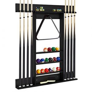 GYMAX Porte Queue Billard Mural avec 8 Trous Baton de Billard et 15 Porte-balles, Support de Queues de Billard en Bois en Pin pour Salle de jeu, Club, Bar(Noir) (GYMAX EU, neuf)