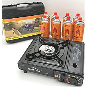 SMHLINE&reg; R&eacute;chaud &agrave; gaz de camping avec 8 cartouches de gaz de 227 g - Mallette de camping - Cuisini&egrave;re d'ext&eacute;rieur - Barbecue de table - 1 feu (smh.shop24, neuf)