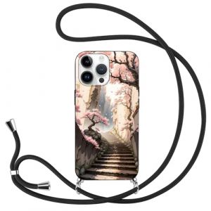 Coque avec Cordon pour iPhone 16 pro 6.3'' , Manga Fleurs de Cerisier du Japon Dessin Anim&eacute; Aesthetics Motif Silicone TPU Housse &Eacute;tui avec Cha&icirc;ne Collier R&eacute;glable T&eacute;l&eacute;phone Portable Lanyard Case (mingxingfushi, neuf)