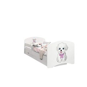 Happy Babies - LIT D'ENFANT DOUBLE FACE AVEC TIROIR Design moderne avec bords s&eacute;curis&eacute;s et matelas en mousse antichute 7 cm (Chien avec arc, 140x70) (EuroTrip, neuf)