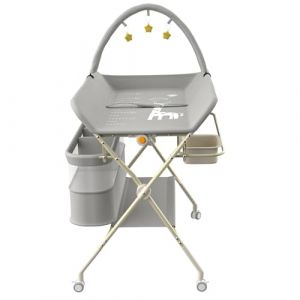 Table &agrave; Langer, Pliable, Harnais et Barri&egrave;re de S&eacute;curit&eacute;, Rangement, R&eacute;glable en Hauteur, Jusqu'&agrave; 15 kg, 0-36 Mois, Organiseur de Couches, Roulettes 360&deg; avec Frein, 75 * 68 * 83-91cm (B) Gris (Hechheu, neuf)