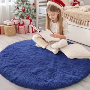 Homaxy Tapis moelleux &agrave; poils longs pour salon, tapis de chevet doux et &eacute;pais, lavable en machine, antid&eacute;rapant, pour chambre d'enfant, cr&egrave;che, bleu marine, 120 cm (Homaxy EU, neuf)