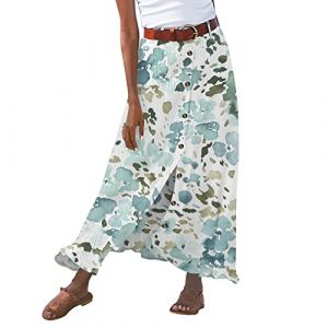 Jupe Mi-Longue Trapèze Femme Coton à Taille Élastique Décontractée Jupe Plissée Boutonnée sur Devant Jupes pour Printemps et été décontractée Ample Couleur Unie Jupes trapèze avec Poches Taille (Kincool, neuf)