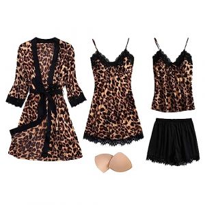 QraraZL Femme 4 pi&egrave;ces Satin Pyjama Ensemble Dentelle Kimono Robe Pyjama Ensemble Sexy N&eacute;glig&eacute; et Short Chemise de Nuit Ensemble 4 pi&egrave;ces, avec Coussinets de Poitrine L&eacute;opard S (beauty us, neuf)