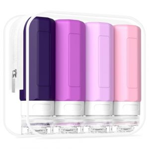 MateeyLife Kit Flacon Voyage Avion, 4 Pièces Contenant Voyage Silicone 90ml, Kit Voyage Flacon Vide, Petit Recipient Voyage et Sac Transparent (Zd United, neuf)