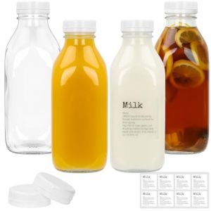 DHSBTLS Lot de 4 bouteilles en verre pour lait avec couvercle, 1000ml Conteneur en verre r&eacute;utilisable pour r&eacute;frig&eacute;rateur pour conserver le lait frais, bocal herm&eacute;tique robuste transparent pour jus (SZDHS, neuf)