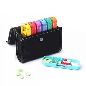 Pilulier 7 Jours 4 Fois par Jour Matin Midi Soir Nuit 28 Compartiments Pilulier Semainier avec PU Sac Pilulier Hebdomadaire Multicolore Mini Boîte à Pilules Portable Voyage Organisateur de Médicaments (Surakey, neuf)