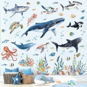 decalmile Stickers Muraux Sous la Mer Poissons Autocollant Mural Océan Baleine Requin Algues Tortue Corail Décoration Murale Chambre Enfants Bébé Pépinière Salle de Bain (DecalMile Direct, neuf)