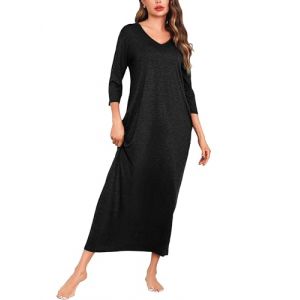 Sykooria Chemise de Nuit Femme Coton Chemise de Nuit Grande Taille Chemise de Nuit Longue Femme Manches 3/4 Chemise De Nuit Col V Chemise de Nuit Ample et Confortable 1019-Noir L (CHONGREN-EU, neuf)