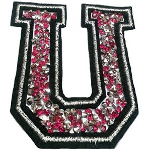 Écusson Patch Badge strass Brodé ecusson lettre alphabet thermocollant " lettres en strass 8-10 cm " (rose U) (B2SEE LTD avec TVA francaise et livraison LaPoste, neuf)