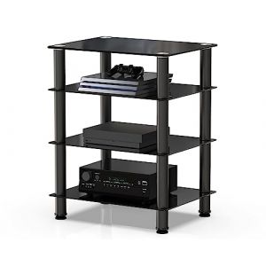 FITUEYES Meuble HiFi avec 4 Etag&egrave;res pour Platine Vinyle Meuble Audio Boitier TV St&eacute;r&eacute;o Lecteur DVD Enceinte Cin&eacute;ma Xbox en Verre Tremp&eacute; Noir Charge Max. 40 KG Structure Solide AS406001GB (fitueyes-eu, neuf)