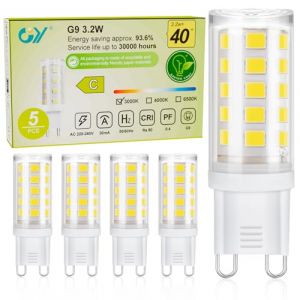 GY Ampoule G9 Led Blanc Chaud 3000K, 3.2W 520LM Equivalent 40W, Classe C Ampoule LED G9, 16mm x 50mm, 220-240V, Base en c&eacute;ramique, Non-Dimmable, Lot de 5 (GY STORE, neuf)