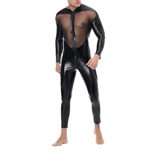 Gefomuofe Combinaison pour homme en latex effet mouillé - Manches courtes - Manteau sexy noir avec policier rouge - Taille unisexe - Body pour homme - Maillot à manches longues, 02 noir., XL (SDFKLJV, neuf)