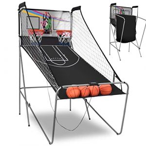 GYMAX Support de Basketball Pliable 202 * 107 * 205 CM Jeu de Basketball Arcade avec 4 * Basket-Ball, 2 * Panier et Compteur Electronique, 8 Façons de Jouer, 1 * Gonfleur, Messages Vocaux Anglais (GYMAX EU, neuf)