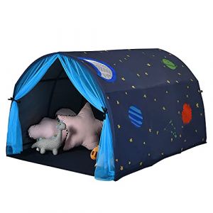 DREAMADE Tente de Lit Enfants 144x102x82CM avec Rideaux Translucides,Tente de Jeu Tunnel Pliable avec Sac de Transport,2 Poches Intérieures, pour Intérieur&Extérieur (Bleu) (DREAMADE, neuf)