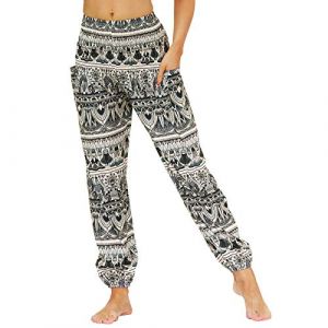 Nuofengkudu Femme Harem Pantalon Sarouel Thaïlandais Hippie Baggy Léger Boho Ethnique Smockée Taille Haute avec Poches Yoga Pants Été Plage(Y-Modèle E,Taille Unique) (better Life, neuf)