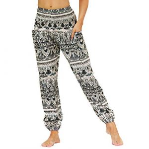 Nuofengkudu Femme Harem Pantalon Sarouel Thaïlandais Hippie Baggy Léger Boho Ethnique Smockée Taille Haute avec Poches Yoga Pants Été Plage(Y-Modèle E,Taille Unique) (better Life, neuf)