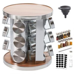 MANFÂ Présentoir à Épices,360°Étagères Rotatives,430 Acier Inoxydable Carrousel,Support de Stockage d'épices,12 Pots en Verre Épaissis avec Capuchon,Porte-épices, Rangement Autonome pour la Cuisine (Manfâ, neuf)