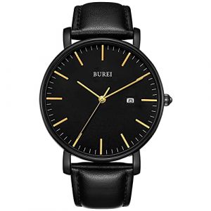 BUREI Montre Quartz Ultra-Fine pour Homme Mouvement Quartz Japonais m&eacute;canique pour Homme Le pour Les Gentlemen (Jaune et Noir, Bracelet de Montre en Cuir) (EU Watches, neuf)
