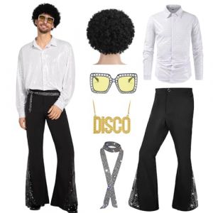 Ginkago Costume disco des années 70 - Tenue hippie pour homme - Avec pantalon évasé à paillettes - Chemise des années 80 - Pour carnaval, cosplay des années 50, 60, 70, Halloween - Argenté - Taille XL (BEFHAO, neuf)