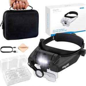 eSynic 1X-14X Loupe Frontale avec Sac de Rangement Lunette Grossissante 5 Verres Amovibles 1,0X 1,5X 2,0X 2,5X 3,5X avec Lampe LED R&eacute;glable Loupe Serre-t&ecirc;te pour Travaux Lecture Bijoux R&eacute;paration (GGY FR, neuf)