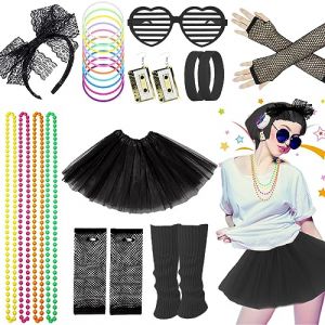 Déguisement des années 80 pour femmes et filles, accessoires de costume de fête des années 80, jupe tutu, jambières, gants en résille, lunettes, tenue rétro pour fête des années 80, journée costumée (rongjia-ww, neuf)