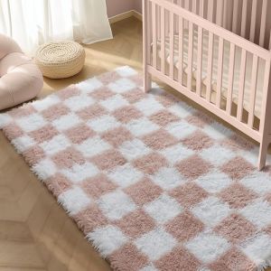 HUGEAR Tapis Salon Shaggy Damier Tapis Chambre Adulte Fille Doux Moelleux Descente de lit AntidéRapant Moderne Grand Tapis Rose Blanc Poudré 120×180cm Decoration Chambrel (RONGBEN, neuf)