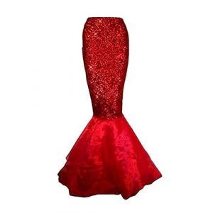 Achlibe Jupe longue queue de sir&egrave;ne &agrave; paillettes pour femme Costume hologramme m&eacute;tallique brillant robe queue de poisson jupe asym&eacute;trique &agrave; volants, A - Rouge, XL (QUWGEDG, neuf)