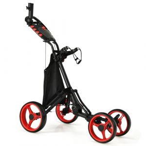 GYMAX Chariot de Golf Pliable à 4 Roues, Réglable en 4 Hauteur, en Aluminium Léger, Porte-Parapluie Réglable, Sac Etanche, Refroidisseur Intégré, Frein à Pied, Ouverture et Fermeture Rapides (Rouge) (GYMAX EU, neuf)