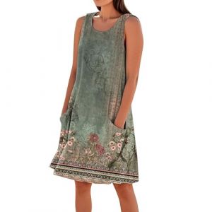 Robe Femme Chic Et Elegant Grande Taille D'&eacute;t&eacute; Robe Boheme Fluide Courte Col Rond Vetement Femme Ete Plage Coton sans Manches Summer Dress Et Ventes Flash Vert 3XL (⭐⭐⭐⭐⭐DUIGUN（Livraison 5-14 jours）, neuf)