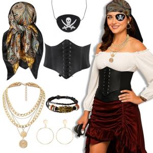 AYNKH Ensemble d'Accessoires Costume Pirate Femme - Foulard,Ceinture,Oreillettes,Collier,Bracelet, Bijoux de Perruque,D&eacute;guisement Halloween,Mardi Gras,Mascarade,Repr&eacute;sentation sur Sc&egrave;ne et Jeu de R&ocirc;le (AYNKH., neuf)