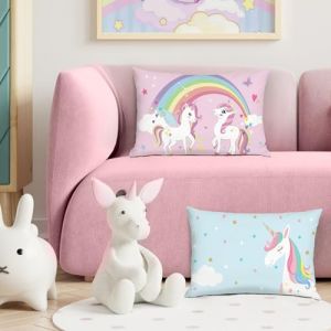 Bonhause Housse de Coussin Licornes 30 x 50 cm Arc-en-Ciel Bleu Rose D&eacute;coratif Taie d'oreiller pour Canap&eacute; Salon Chambre Chaise Maison D&eacute;coration 2 Pi&egrave;ces (Bonhause EU, neuf)
