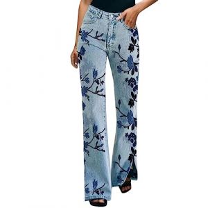 Jean femme taille haute coupe droite semi-evas&eacute; jeans large taille elastique imprim&eacute; floral hanche pantalon patte d'elephant femme fleur en denim pants baggy coupe boyfriend tendance 2024 (Blue, XL) (FATUS, neuf)