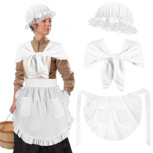 XEPST Ensemble de Costumes Coloniaux pour Femmes - Ensemble d'Accessoires de Costumes de P&egrave;lerin 3PCS avec Bonnet de Foule Blanc Bonnet Ch&acirc;le Tablier Costume de Femme de Chambre pour Halloween Cosplay (XEPST, neuf)