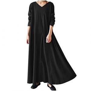 TRIGLICOLEUM Robe longue pour femme - Vintage uni - Hiver - Kaftan ample et d&eacute;contract&eacute; - Manches longues - Col en V - Pull-robe - Chaud - Coton - Maxi robe d&eacute;contract&eacute;e - Robe de tous les jours pour (yishu`poe, neuf)