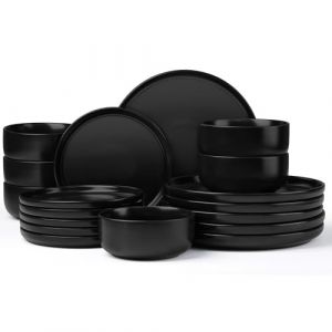 Joyfair Service de table pour 6 personnes, 18 pi&egrave;ces, en gr&egrave;s, &eacute;maillage r&eacute;actif, avec assiettes plates, assiettes &agrave; dessert, bols &agrave; c&eacute;r&eacute;ales, passe au micro-ondes et au lave-vaisselle, noir Abyssal (Joyfair-FR, neuf)