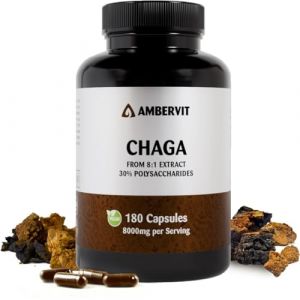 Chaga 8000 mg &ndash; 180 G&eacute;lules &ndash; 30% Polysaccharides Bioactifs &ndash; Double Extrait du Corps Fructif&egrave;re Fortement Dos&eacute; &ndash; R&eacute;colt&eacute; &agrave; l&rsquo;&Eacute;tat Sauvage sur Bouleaux d&rsquo;Europe du Nord &ndash; Ambervit (Ambervit, neuf)