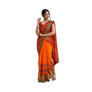 Nitimatta Sari pour femme avec chemisier ethnique indien cadeau de mariage, rouge/orange, d&eacute;cousus (VNInternational, neuf)