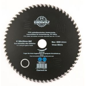 Lame de scie circulaire 180 x 20 mm pour bois avec 60 dents TCT inclin&eacute;es, rev&ecirc;tement antiadh&eacute;sif PTFE et d&eacute;coupes laser pour r&eacute;duire le bruit (Eisenwolf, neuf)