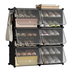 eSituro Meuble Chaussures à Cubes Empilables, Étagère de Rangement 2x6 Casiers Modulables DIY, avec Portes et Crochets, pour 12 Paires de Chaussures, en Panneaux PP, avec Maillet, Noir (situDE, neuf)