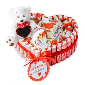 Onza Chocolat Saint Valentin Kinder - Coeur Chocolat &agrave; offrir qui contient Kinder Bueno, Chocobons, Happy Hippo, Cards - Peluche Saint Valentin [18cm] - Coffret Cadeau saint valentin pour homme, femme (Onza, neuf)
