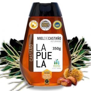 LAPUELA Miel pur de ch&acirc;taignier. Petit pot de miel d'origine naturelle des Asturies - Ar&ocirc;me floral, avec une composante bois&eacute;e claire et marqu&eacute;e, bois sec (350gr - Bouchon Doseur) (ASTURIAS APICOLA,S.L., neuf)