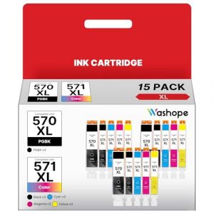 Washope PG570XL CLI571XL Cartouches d'encre Remplacement pour Canon 570 571 XL pour Pixma TS5050 MG5750 MG5751 TS5053 MG5752 MG5753 MG6850 MG6851 TS5051 TS5055 (PGBK Noir Cyan Magenta Jaune, 15-Pack) (VETRINIA, neuf)