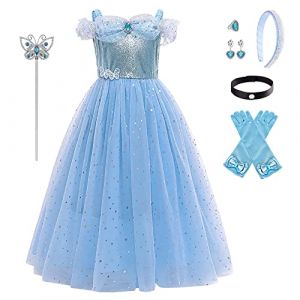 Filles Cendrillon Robe Déguisement Enfant Cinderella Princesse Costume Halloween Partie Carnaval Cosplay Noël Soirée Cérémonie Costumée Anniversaire Fête avec Accessoires Bleu Papillon 11-12 Ans (FYMNSI store, neuf)