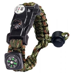 Bracelet Paracorde Survie pour Homme Femme, Militaire Paracord Bracelet Kit avec Flint + Boussole + Thermomètre + Sifflet + Lumière LED pour Extérieur, Randonneur, Baroudeur, Explorateurs (Camoufler) (BXooo, neuf)