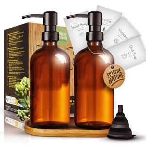 Flacon Pompe Vide Verre 500ml Ambre Vintage | Lot de 2 + Entonnoir + Plateau Bois + 4 etiquettes | INOX Bross&eacute; Noir | Distributeur Savon Gel Hydroalcoolique Liquide Vaisselle Shampoing | (Noir) (SPHERE FR, neuf)