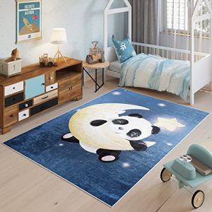 TAPISO Emma Tapis de Chambre Enfant Bébé Ado Jeu Design Moderne Bleu Marine Blanc Noir Jaune Panda Lune Étoile Poil Court Doux Lisse Fin Léger Antidérapant Lavable 80 x 150 cm (TAPISO-FR, neuf)