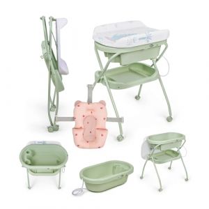 MS BabyWorld Bubble + R&eacute;ducteur &ndash; Baignoire ergonomique pour b&eacute;b&eacute; avec pieds et matelas &agrave; langer imperm&eacute;able et rembourr&eacute; | Fermeture compacte, organiseur, 4 roulettes avec freins (Vert/Rose) (SLEEP & PLAY, neuf)