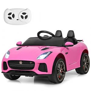 COSTWAY Jaguar Voiture Électrique 12V pour Enfants de 3-8 Ans, avec Télécommande 2.4G, Suspension à Ressorts, Roues Antichocs, 2 Portes Verrouillables, 107,5 x 66 x 50 cm (Rose) (FDS GmbH, neuf)